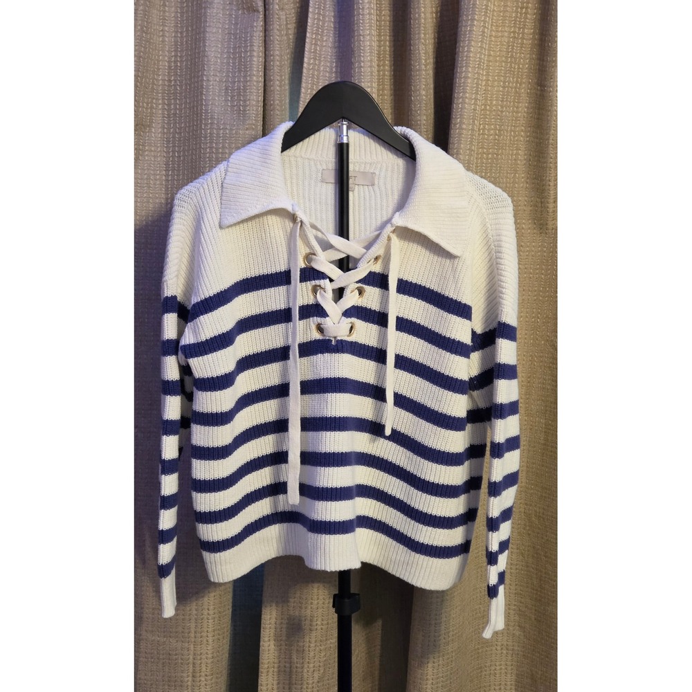 Loft Long Sleeve Striped Knit Sweater Lace Up Collared Neck Women's Size Small